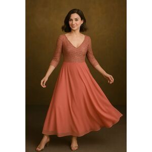 JKara Salmon Pink Coral Sequined Chiffon Layered Evening Gown Dress Size 22W